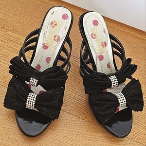 Ma*rs Agejo Gyaru Black Rhinestone Lace Bow Mule Sandal Heels